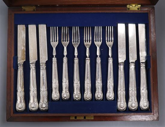 A cased harlequin set of eighteen pairs of silver Kings pattern dessert eaters, various dates and makers, (a.f.).